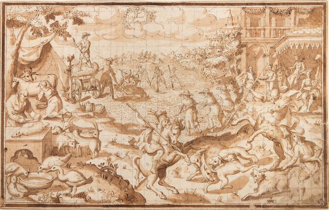Flemish School 17th Century, Preparation for a: Flemish School 17th Century, Preparation for a Mural/Tapestry Ink, wash and watercolor on paper Signed in initials FMW (lower right). The artist name Illegibly Inscribed (on the reverse). 21 x 32.5 cm