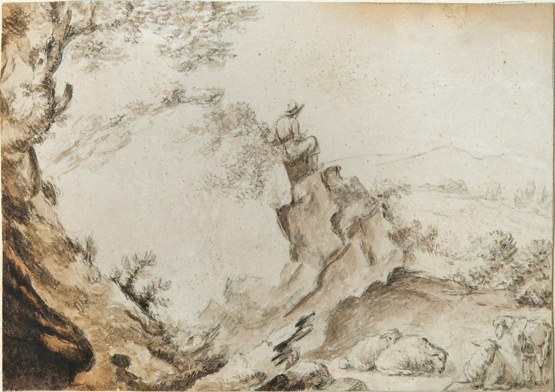 Jan Van Aken (1614-1661), Shepherd in the Landscape: Jan Van Aken (1614-1661), Shepherd in the Landscape Charcoal sepia and wash on paper 15 x 21 cm Provenance: Collection of Prof. J. Leski (Professor of Astrology, University of Cracovia), according to 