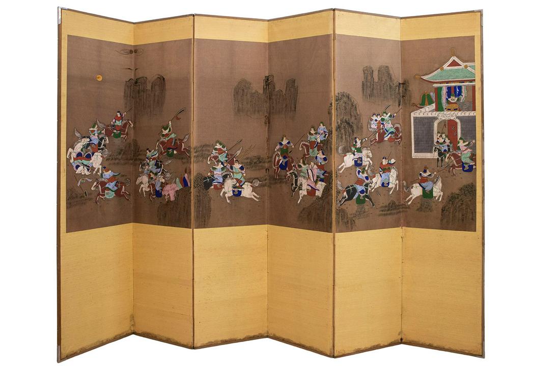 An Antique Chinese Six Panel Room Divider: An Antique Chinese Six Panel Room Divider Mixed technique on silk Signed (on the reverse). Size of work: 102 x 42 cm Size of panel: 179 x 42 cm Provenance: The estate of Da