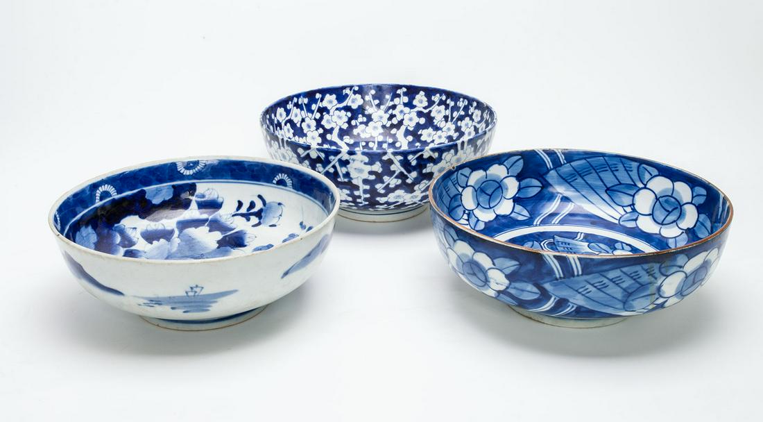 Three Japanese Blue and White Porcelain Bowls, 19th: Three Japanese Blue and White Porcelain Bowls, 19th Century one is singed 1. Diameter: 24 cm; height: 9 cm 2. Diameter: 25 cm; height: 10 cm 3. Diameter: 25 cm; hei