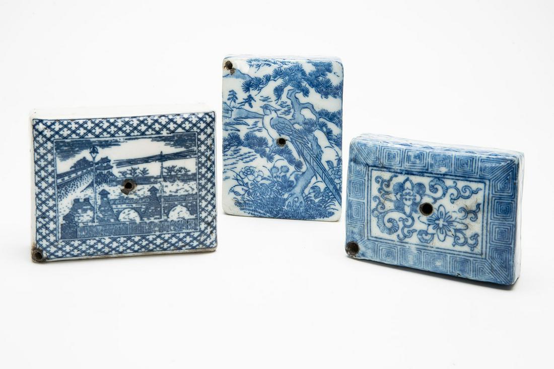 Three Antique Korean Blue and White Porcelain Water: Three Antique Korean Blue and White Porcelain Water Droppers Largest 8.5 x 6 cm; smallest: 7 x 5 cm Provenance: The estate of David and Sara Brandwein. Condition: For a detailed condi