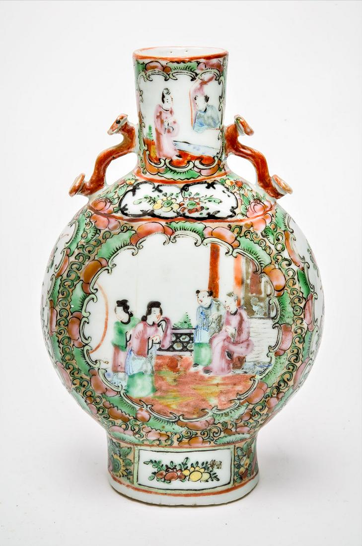 A Canton Famille-Rose Porcelain Moon Flask, China, 19th: A Canton Famille-Rose Porcelain Moon Flask, China, 19th Century Signed (on the underside). Height: 21 cm Provenance: The estate of David and Sara Brandwein. Cond