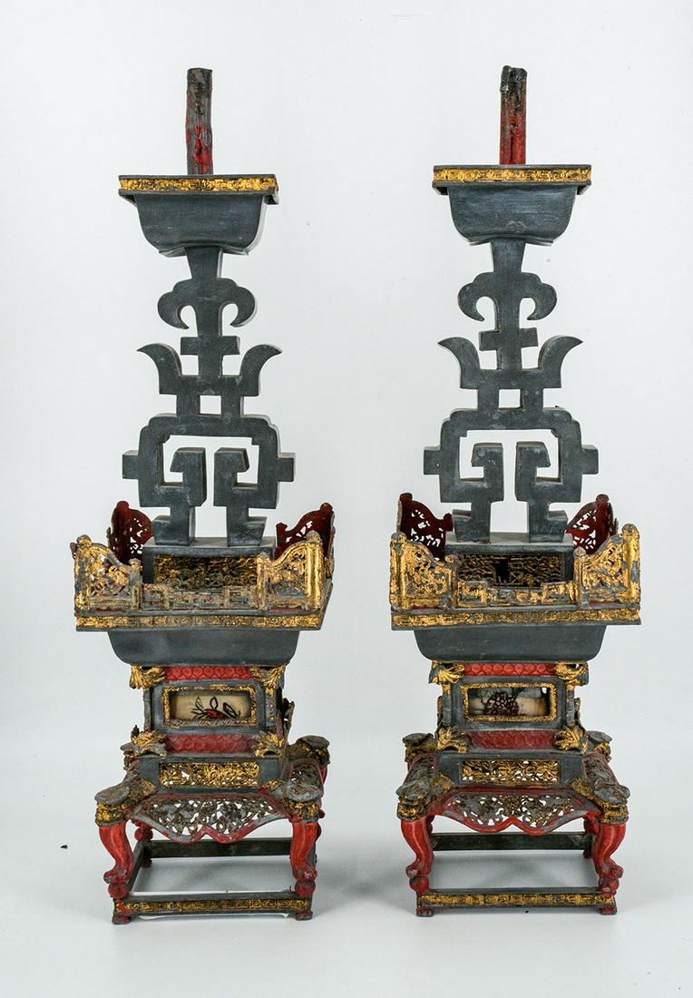 A Pair of Chinese Polychrome Parcel Gilt Ritual: A Pair of Chinese Polychrome Parcel Gilt Ritual Candlesticks, 19th Century Height: 50 cm Provenance: The estate of David and Sara Brandwein. Condition: For a detailed condition report, plea