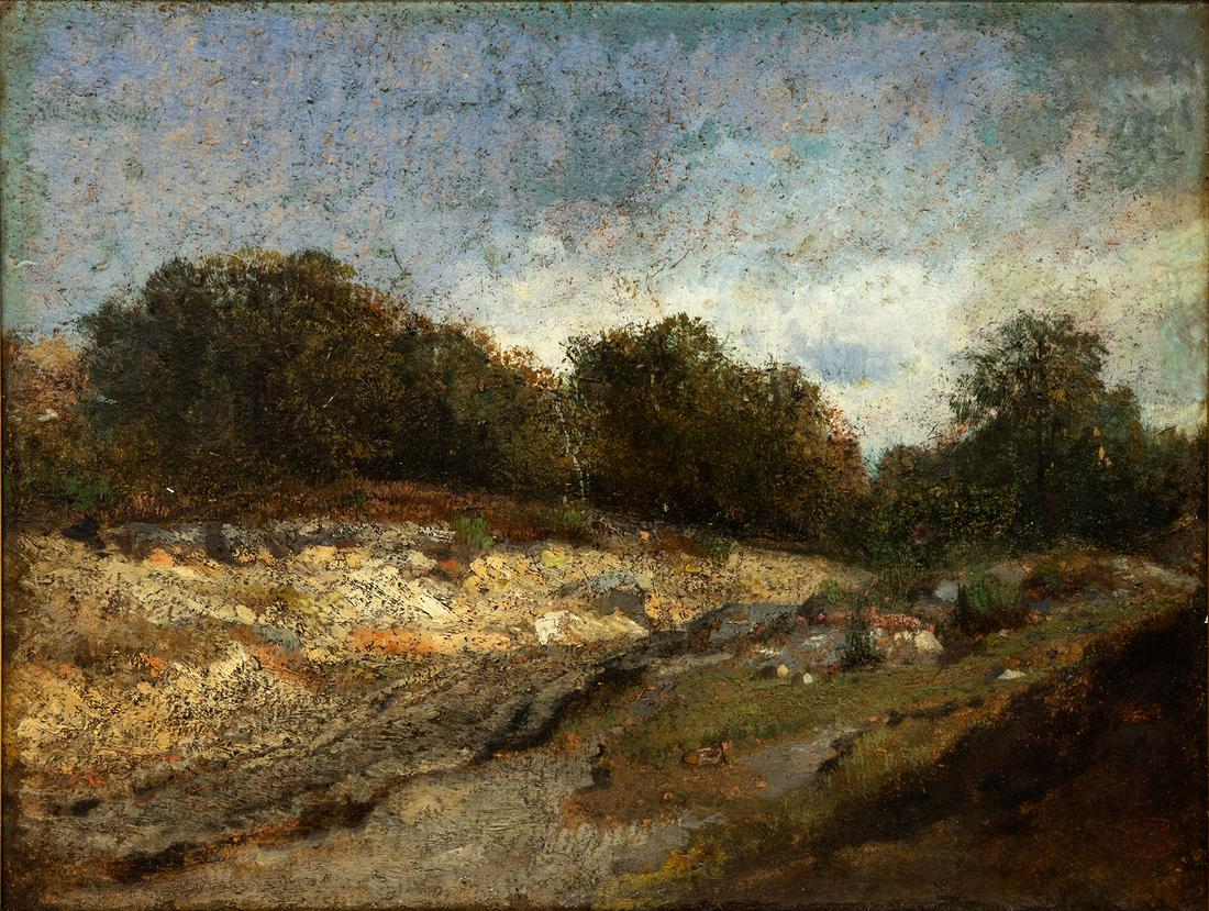 Constant Troyon (French 1810-1865), Valley Stream: Constant Troyon (French 1810-1865), Valley Stream Oil on panel 35 x 43 cm Bears an illegible stamp (lower right). Provenance: Estate of Yehuda and Shula Prihar. Condit