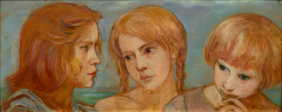 Wlastimil Hofman (Polish 1881-1970), Three Girls: Wlastimil Hofman (Polish 1881-1970), Three Girls Oil on board Signed and dated (lower right) . A label from the Polish Ministry of Art, signed by general curator, Dr. Jan Zachawatcwicz, dated 19