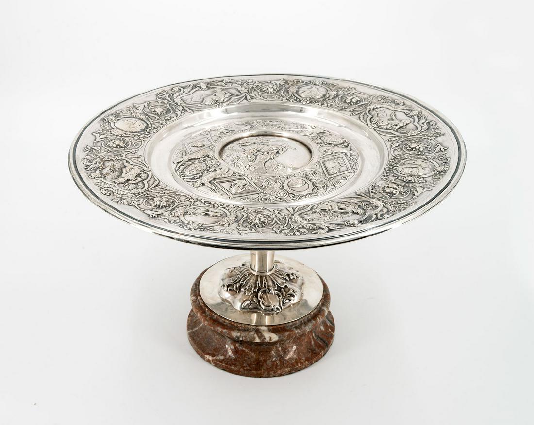 A Fine Silver and Marble Centerpiece by Henry Wilkinson: A Fine Silver and Marble Centerpiece by Henry Wilkinson & Co, England, Sheffield, 1890 A round brown marble base, topped by a silver stem embossed with rocaille and topped by a large, round tray finel