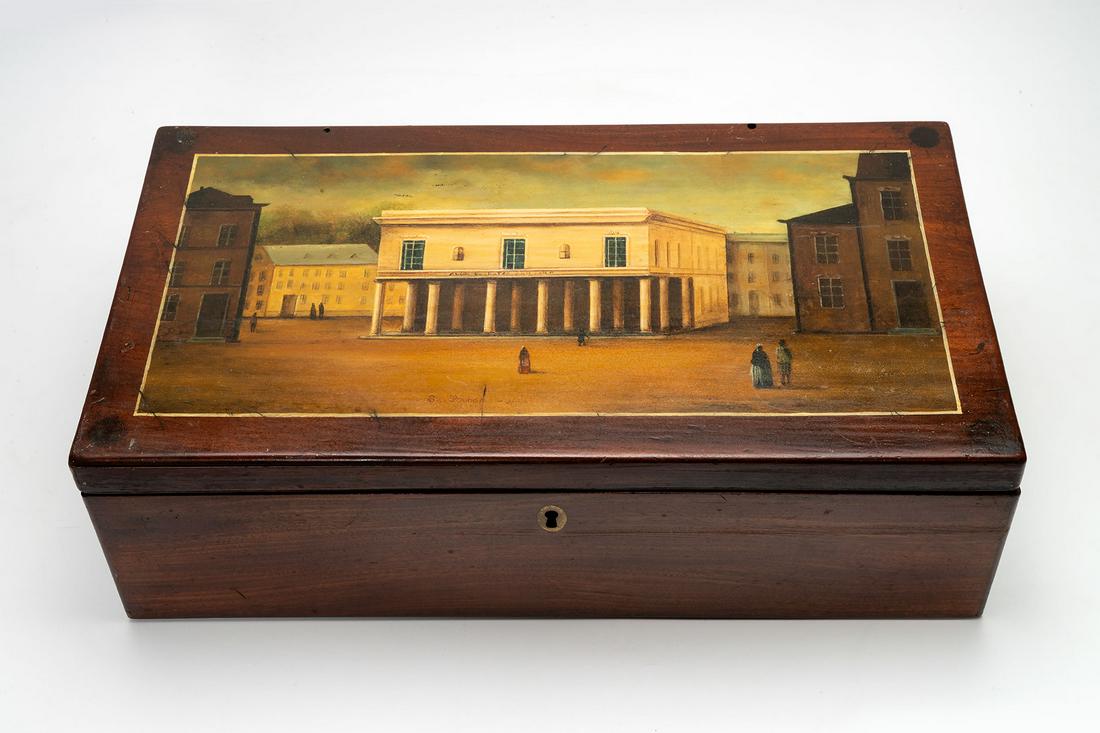 A Fine Mahogany Traveling Writing Slope, England, Late: A Fine Mahogany Traveling Writing Slope, England, Late 18th Early 19th Century Original brass carrying handles flank the box, one acting also as the draw for a small drawer. The interior writing