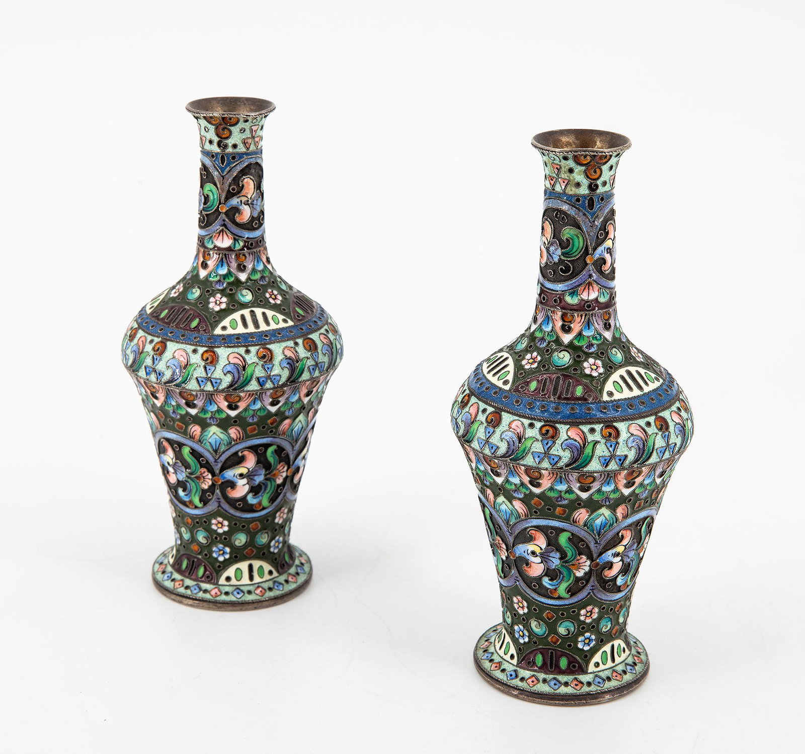 A Pair of Fine Silver and Enamel Cloisonné Bottles by: A Pair of Fine Silver and Enamel Cloisonné Bottles by Karl Franzeivich Fend, Russia, Moscow, 1883 -1908 Decorated throughout with varicolored enamel cloisonné in shades of blue, pink and green