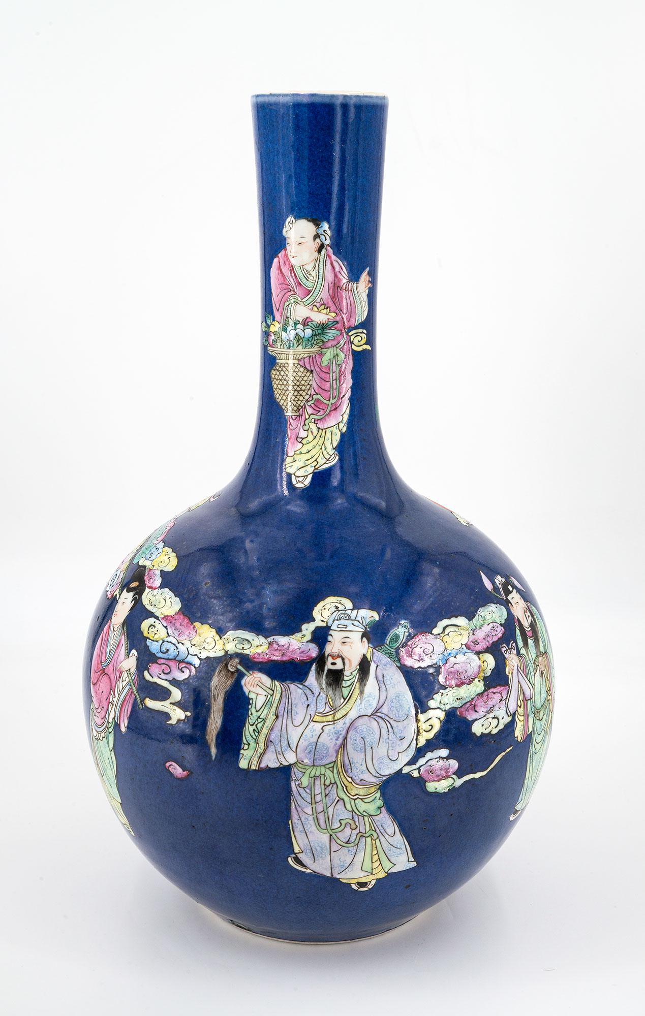 A Fine Porcelain Powder-Blue-Ground and Famille-Rose: A Fine Porcelain Powder-Blue-Ground and Famille-Rose "Eight Immortals" Bottle Vase, China, Qing Dynasty, 18th-19th Century A bulbous body with an elongated neck finely enameled with a depiction of the