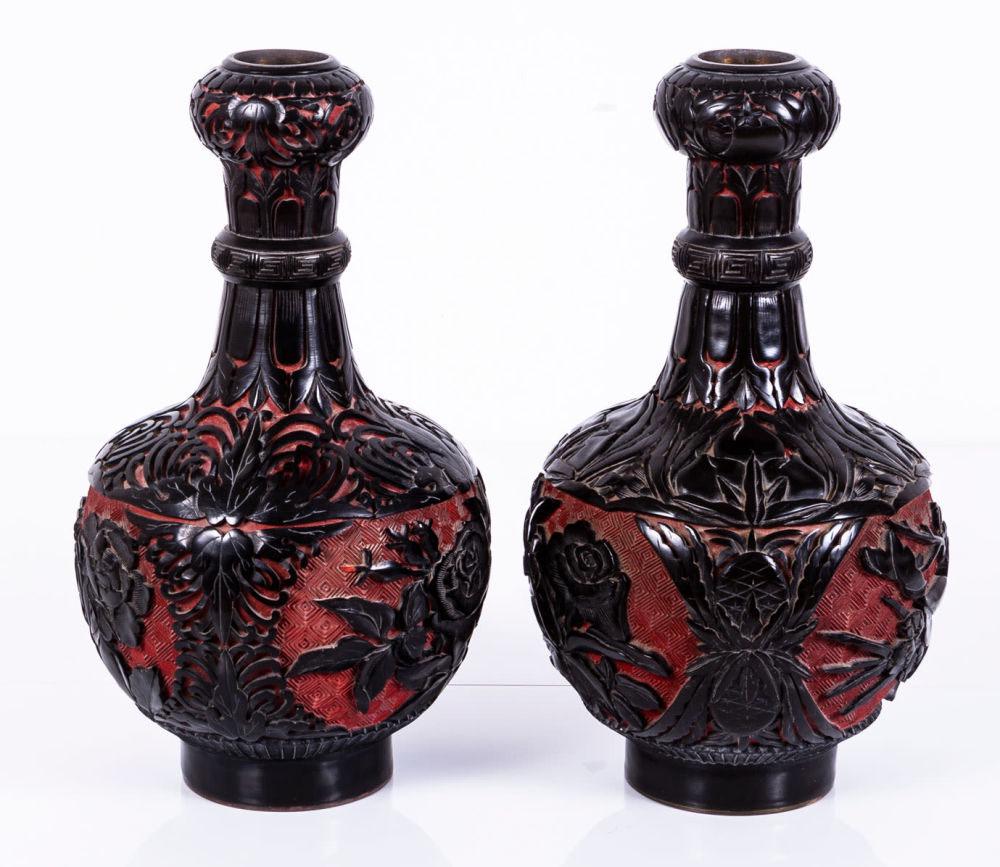 A Pair of Chinese Lacquer Vases with an Enamel Base, (1 of 4)