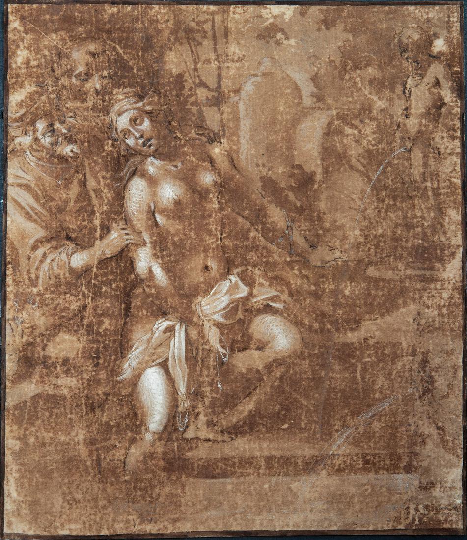 Annibale Carracci (1560â€“1609), Susana and The Elders: Brown pen heightened with white on brown paper laid down on paper21 x 18 cmProvenance: Collection Raffaello Ettore Lamponi Leopardi (L.1760)Lamponi Collection Auction Catalogue , Milano November 1902