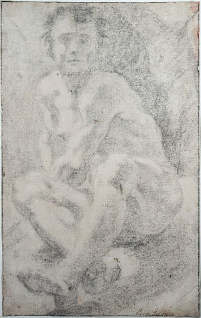 Jacopo da Carucci Pontormo (1494-1556/57), Male Nude: Charcoal on beige paper with charcoal framing lines 40.5 x 25.5 cm Provenance: Acquired from Kofmann, Berlin, 1928.Estate of Isidor Kaiser, Copenhagen-Hamburg. L.4240 Note: Watermark of a small horse.