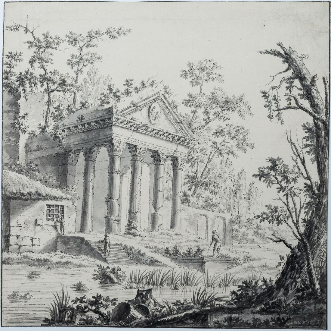 Isaac De Moucheron (1667-1744), Ancient Temple: Isaac De Moucheron (1667-1744), Ancient Temple Pen, ink and wash on paper 20 x 20 cm Provenance: Dr. Johann Fridriech, Lehman, Dresden (L.1656B http://www.marquesdecollections.fr/detail.cfm/marque/806