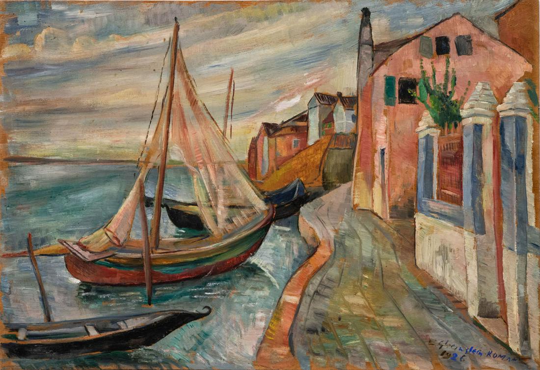 Emanuel Romano Glicenstein (1897-1984), Pier in Venice: Emanuel Romano Glicenstein (1897-1984), Pier in VeniceOil on wood1926Signed E.Glicenstein, inscribed Roma and dated 1926 (lower right), titled, signed and again (on the reverse).73.5 x 50.5 cm