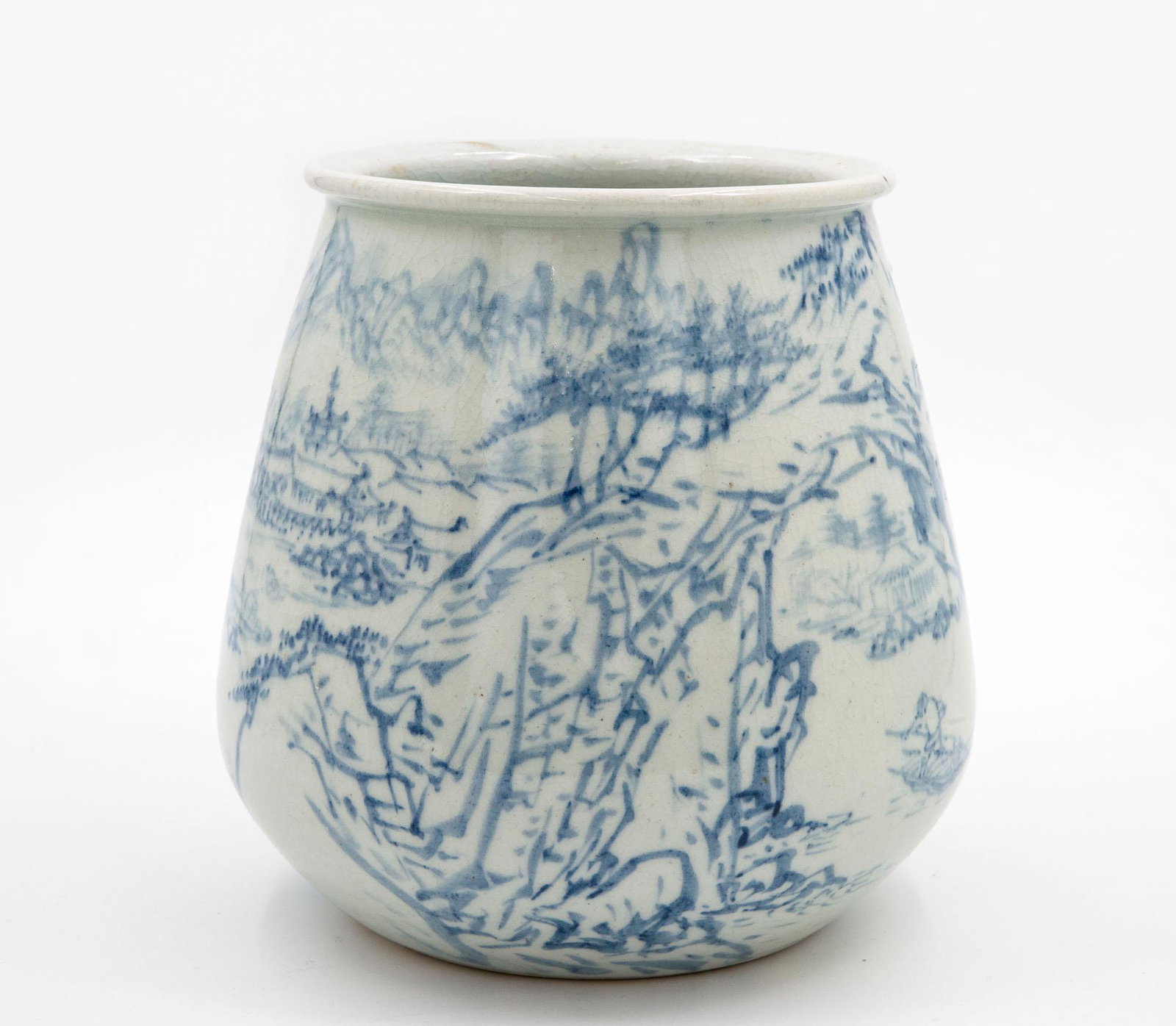 A Fine Blue and White Porcelain Vase, Korea, Late Joseon Dynasty: A Fine Blue and White Porcelain Vase, Korea, Late Joseon Dynasty A round, upward tapered form with a flared, rounded neck. Decorated with a landscape in shades of blue. Inscribed with Hanja near the r