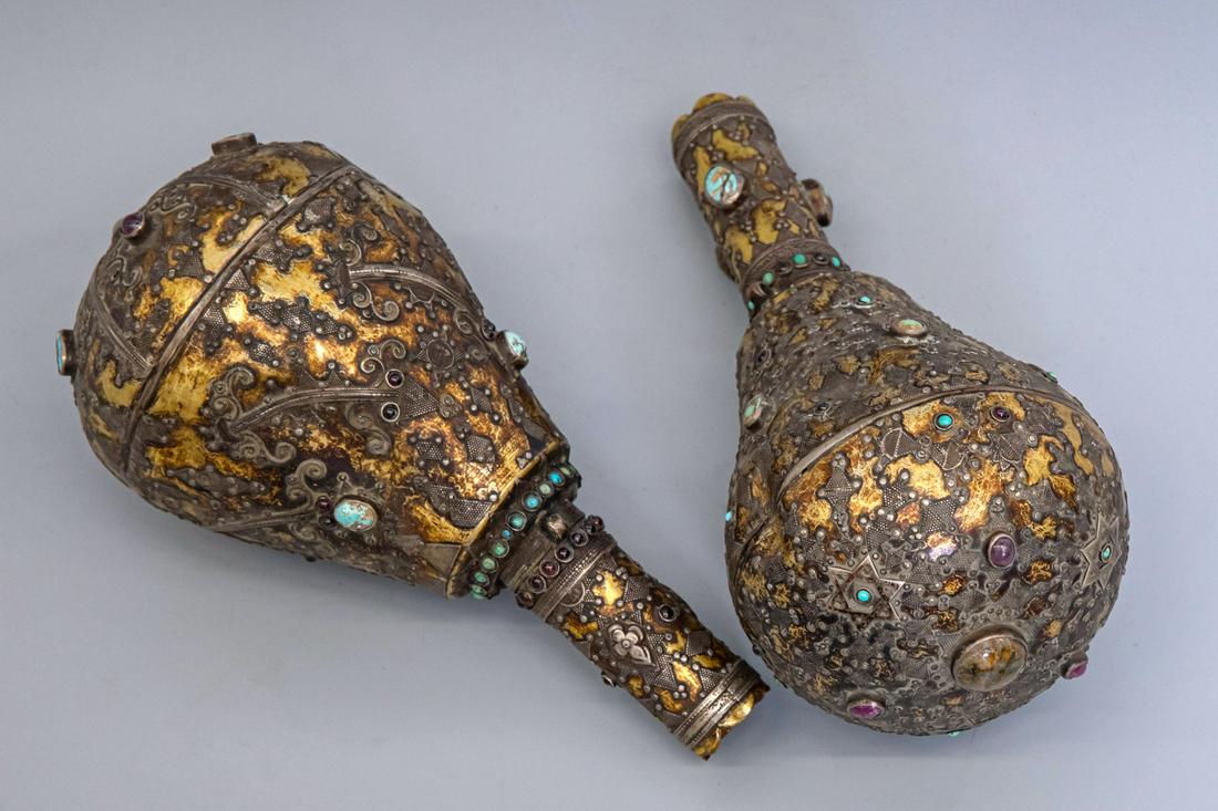 A Pair of Impressive Silver and Parcel Gilt Torah Finals, Turkmenistan, Early 20th Century (1 of 2)
