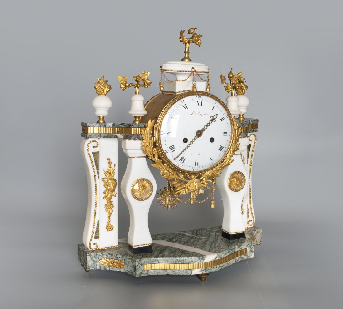 A Lechopie Louis XVI Gilt Bronze Ormolu and Two Tone Marble Portico Mantle Clock, France, 18th (1 of 3)
