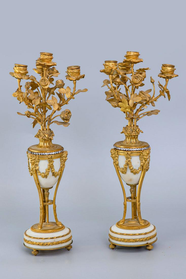 A Pair of Louis XV Style Gilt Bronze and Marble Four Light cassolette Candelabras, France, 19th (1 of 2)