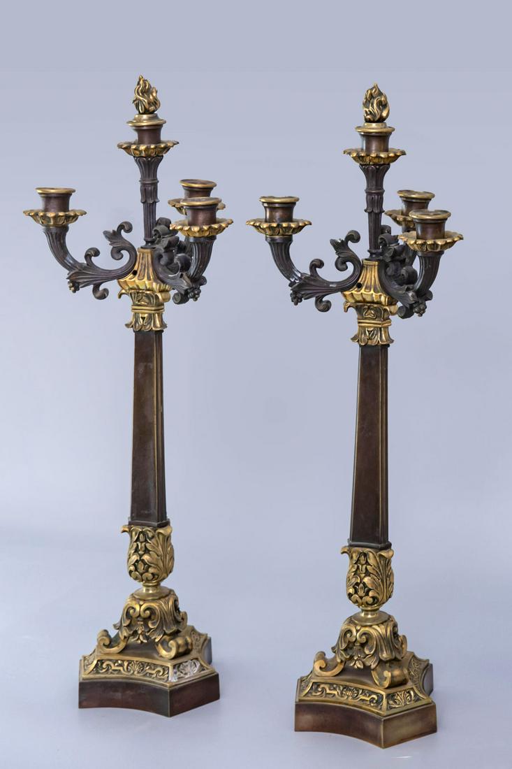 Pair of Louis XVI Style Bronze and Parcel Gilt Three Light Candelabras, 19th Century (1 of 2)