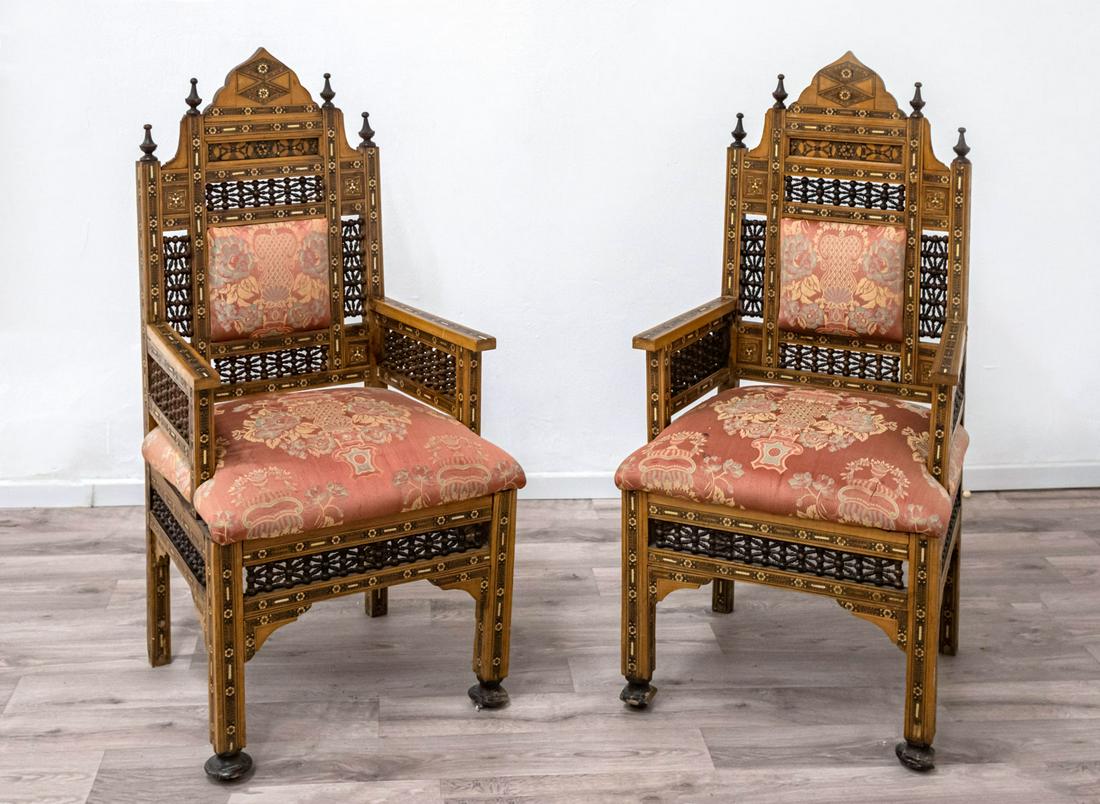 A Pair of Fine Damascene Wood and Exotic Wood Inlay Armchairs, Syria, 19th Century (1 of 3)