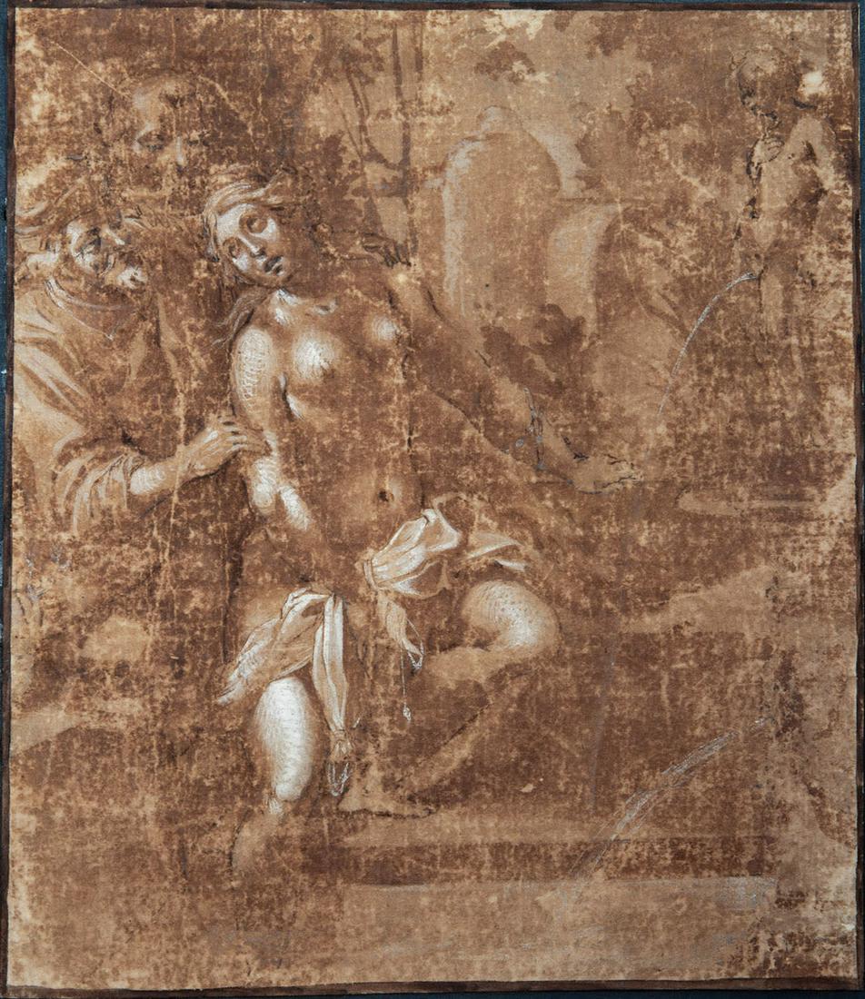 Annibale Carracci (1560–1609), Susanna and The Elders: Brown pen heightened with white on brown paper laid down on paper21 x 18 cmProvenance: Collection Raffaello Ettore Lamponi Leopardi (L.1760)Lamponi Collection Auction Catalogue , Milano November 1902