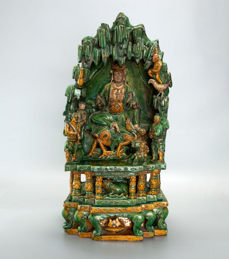 A Fine and Rare Large Green and Cream Glazed Stoneware Bodhisattva, China, Ming Dynasty, (1 of 10)