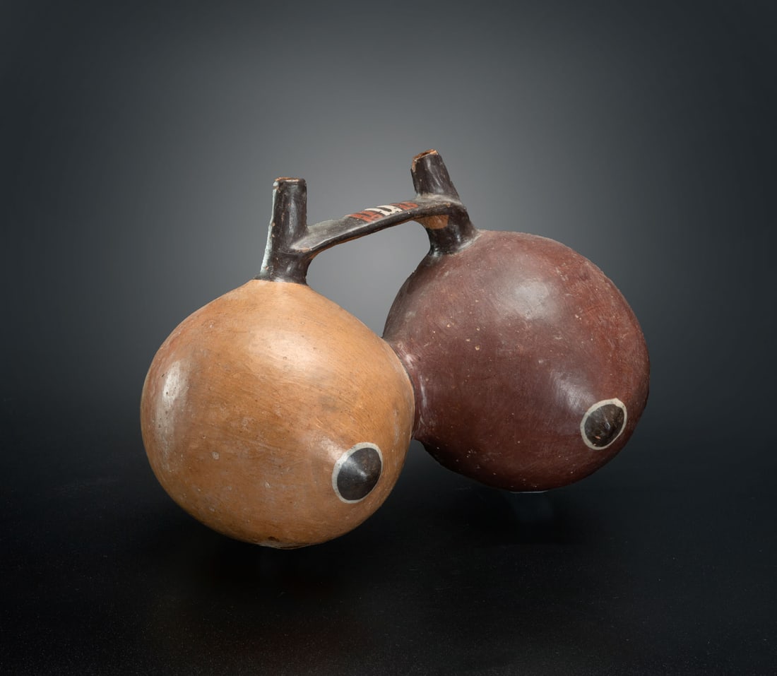 A Lucuma Fruit Vessel: Double-Spout-and-Bridge Effigy Bottle, Peru, Late Nasca, 300-600 CE (1 of 5)