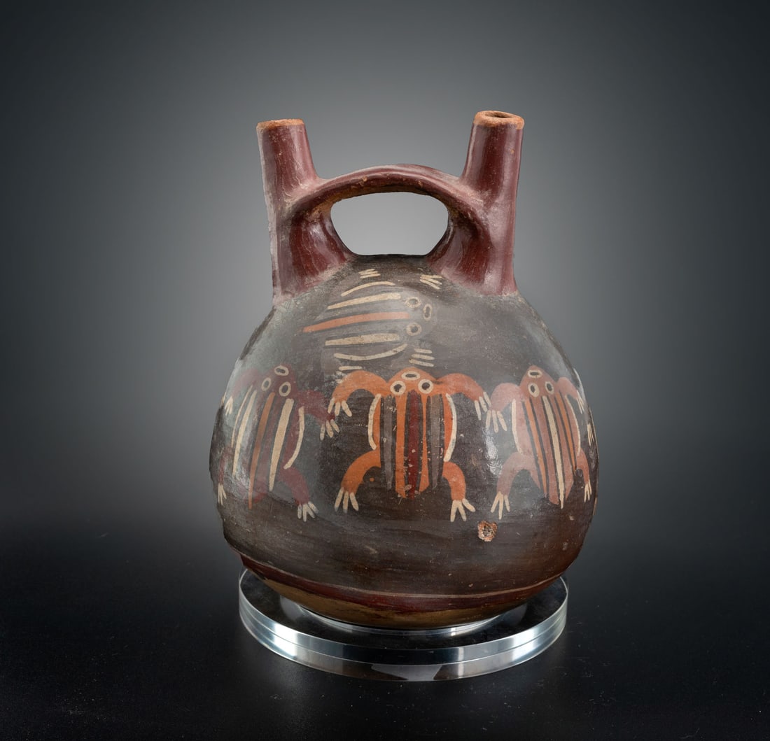 A Double Spout-and-Bridge Bottle with Painted Frogs, Peru, Late Early Nasca, 1-200 CE (1 of 4)