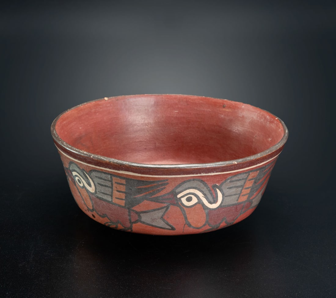 A Bowl with Frieze of Five Inca Terns, Peru, Early Nasca, 1-200 CE: A Bowl with Frieze of Five Inca Terns, Peru, Early Nasca, 1-200 CE Sea birds were very important for the Nasca people. They served as "indicators" of the large shoals while fishing, and thei