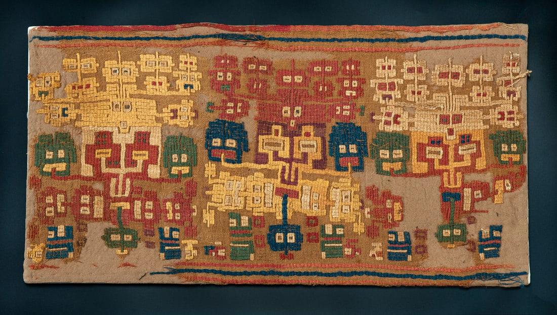 An Embroidered Fabric Panel with Bloody Mouths, Central-South Coast, Peru, Middle Horizon, 500-700 (1 of 3)