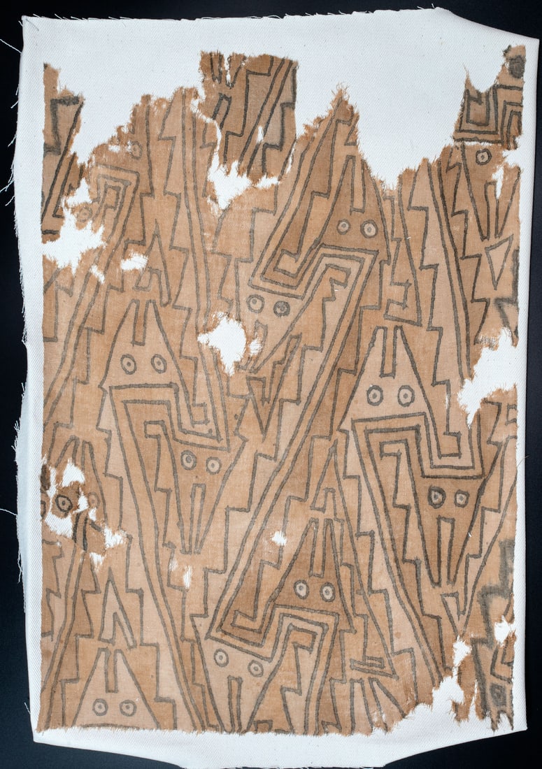 A Fragment of Painted Textile with Interlocking Serpents, Central/Central-South Coast, Late Early: A Fragment of Painted Textile with Interlocking Serpents, Central/Central-South Coast, Late Early Horizon, 200 BCE-500 CE Ocucage or Playa Grande Plain weave cotton. 60 x 47 cm For more d