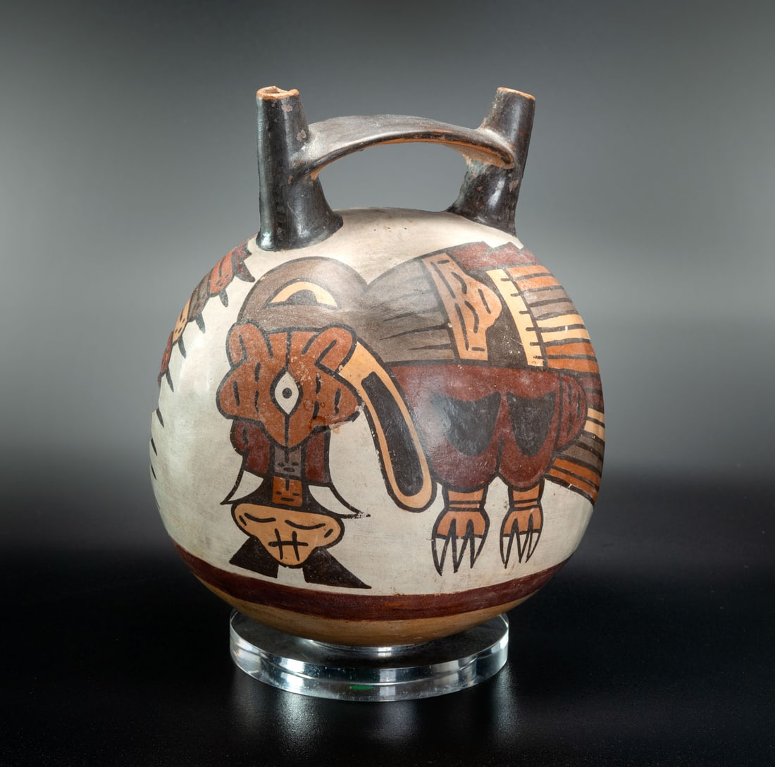 A Double Spout-and-Bridge Bottle with a Depiction of Two Horrible Birds, Middle Nasca, Peru, 200-300 (1 of 4)