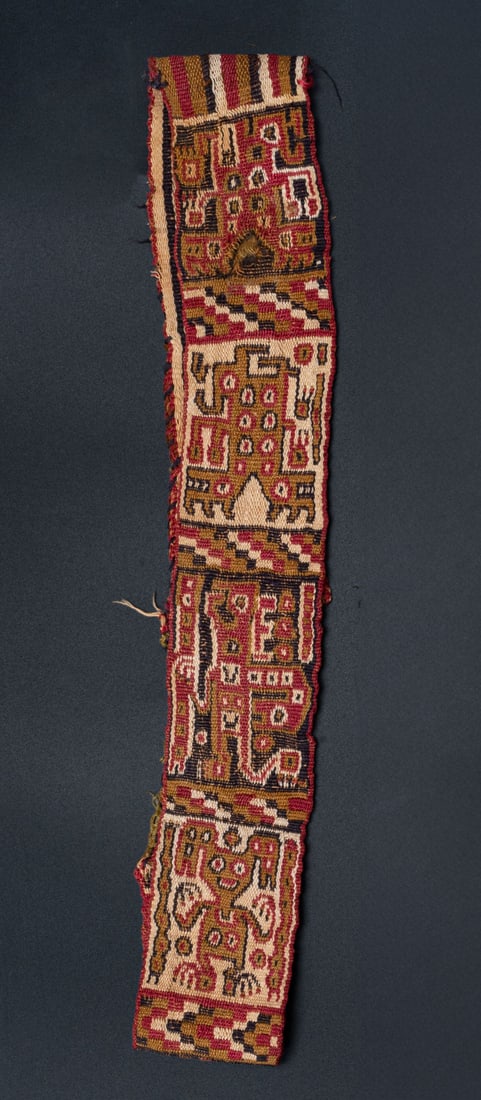 A Headband with Frontal Figures and Mythical Animals, Huari, Peru, Second Half of Middle Horizon,: A Headband with Frontal Figures and Mythical Animals, Huari, Peru, Second Half of Middle Horizon, 700-1000 CE Huari and Recuay-influenced local style Multicolored cotton and camelid fiber double woven