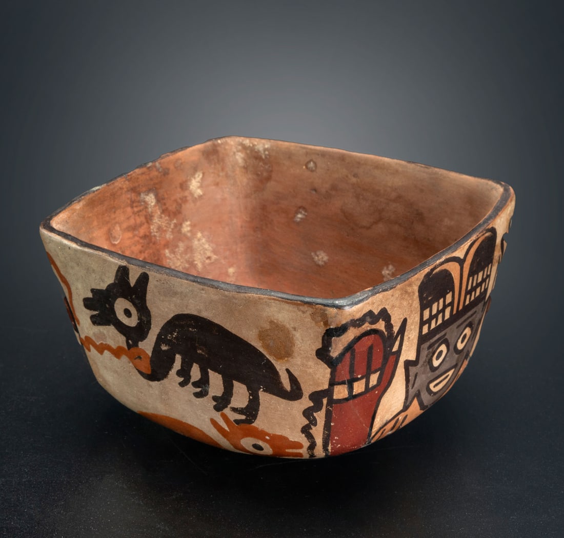 A Square Bowl with a Painted Decoration Depicting Two Men Holding Llamas, Middle Nasca, Peru,: A Square Bowl with a Painted Decoration Depicting Two Men Holding Llamas, Middle Nasca, Peru, 200-300 CE Height: 6 cm For more details on this lot refer to the following number in the link: num 149, p
