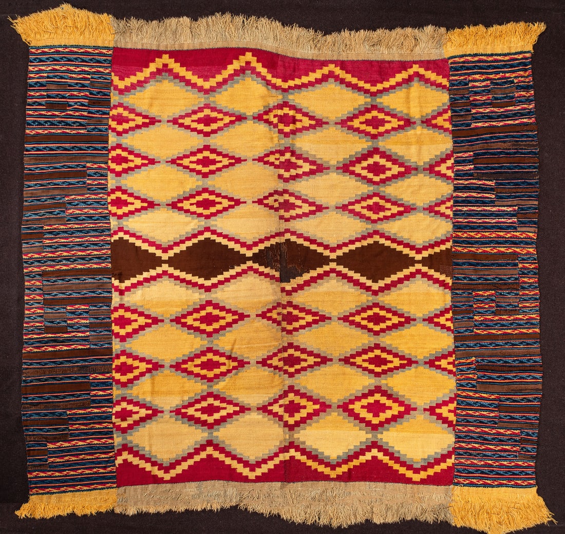 A Mantle in Yellow and Red with Stepped Diamonds, Central-South Coast, Late Middle Horizon, 800-1000: A Mantle in Yellow and Red with Stepped Diamonds, Central-South Coast, Late Middle Horizon, 800-1000 CE Nasca-Huari Cotton and camelid fiber interlocking tapestry with plain weave, weft face and suppl