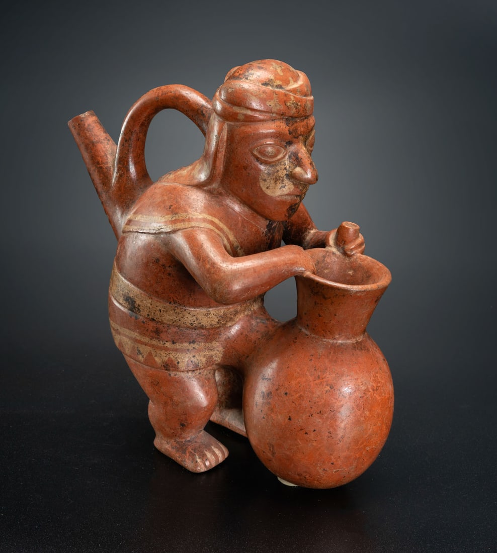 An Effigy Bottle: Standing Man with a Big Chicha Storage Jar, Early Moche, Peru, 100-450 CE (1 of 5)