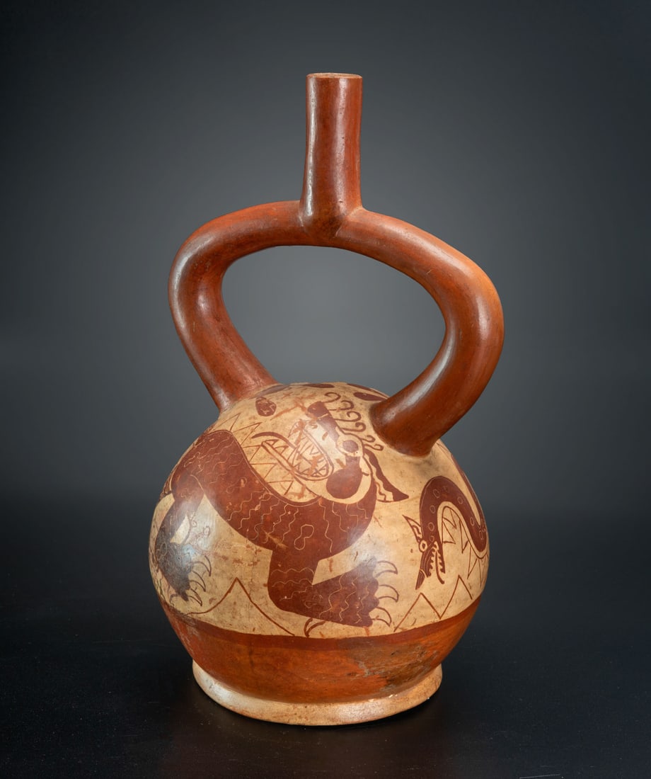 A Fineline Painted Stirrup-Spout Bottle: Representation of Two Mythical Dragons, Late Moche, Peru, (1 of 5)