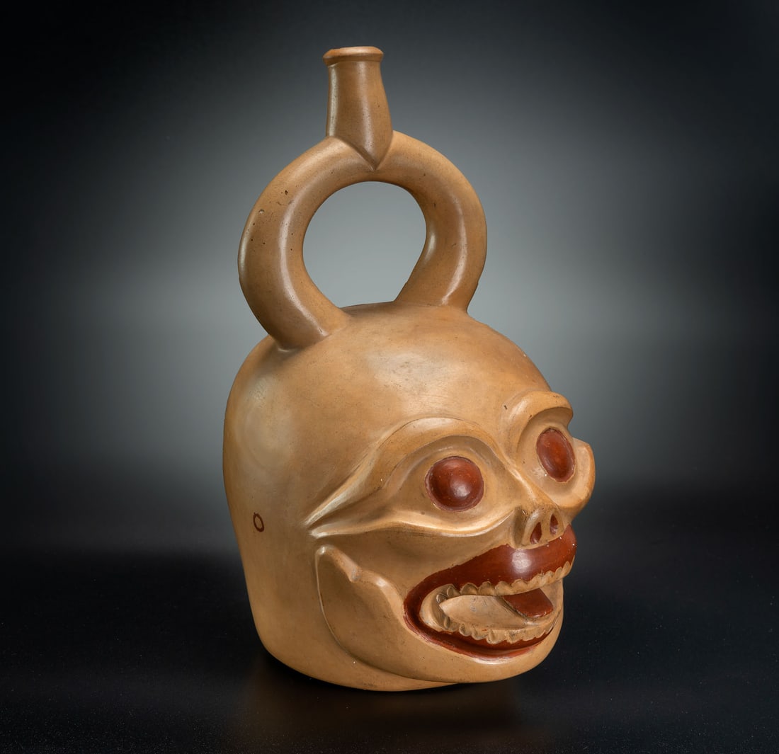 A Stirrup-Spout Effigy Bottle: Human Skull, Early Moche, Peru, 100-450 CE (1 of 5)