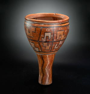 A Goblet-Form Beaker with Geometric Motifs, Tiahuanaco, Bolivia, 600-1100 CE: A Goblet-Form Beaker with Geometric Motifs, Tiahuanaco, Bolivia, 600-1100 CE The motif is a simplified version of the double step-volute. The beaker is decorated with painted bands of double steps-vol