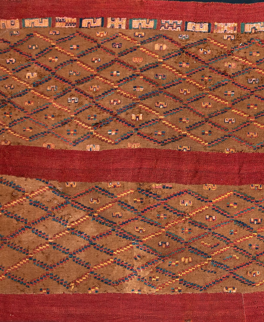 A Shawl (Iliclla) with Rhomboid Grid and Stepped and Geometric Figures, Central-South/South Coast,: A Shawl (Iliclla) with Rhomboid Grid and Stepped and Geometric Figures, Central-South/South Coast, Late Middle Horizon, 800-1100 CE Late Geometric Huari multicolored cotton plain weave. 140 x 55 cm