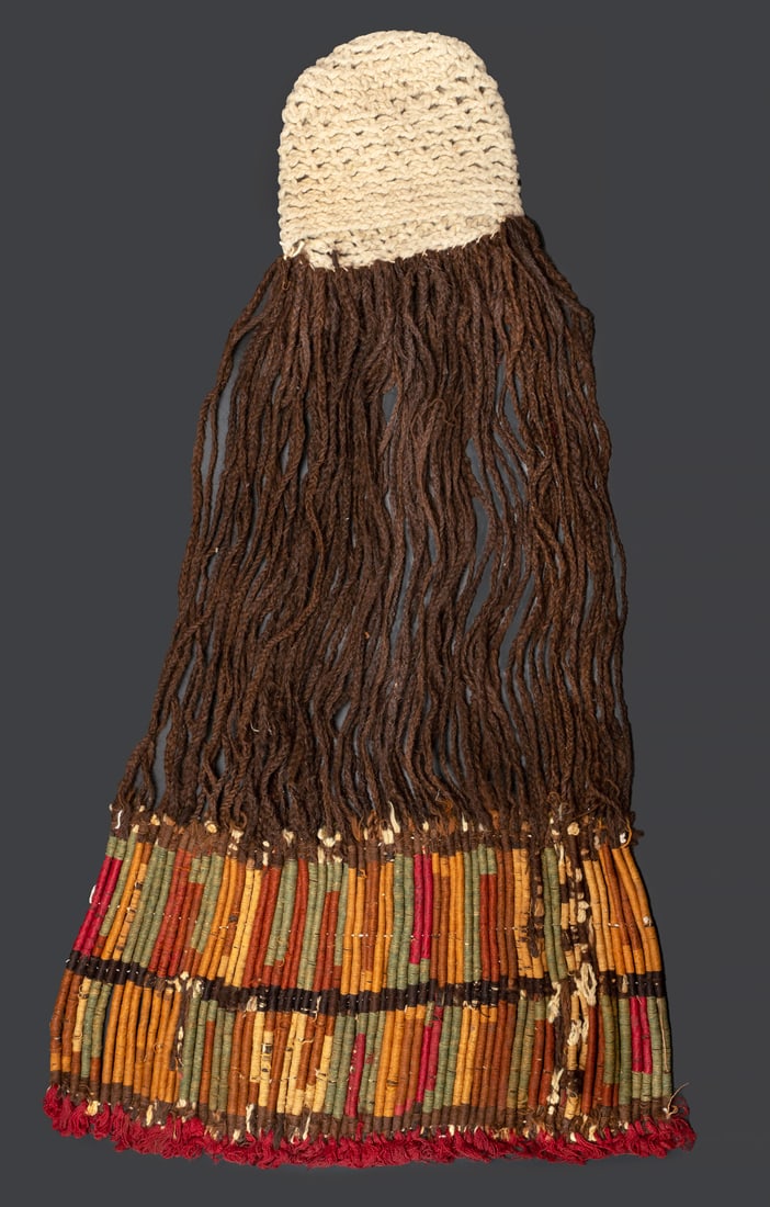 A Burial Wig: White Cap and Strands of Human Hair, Central-South/South Coast, Middle Horizon,: A Burial Wig: White Cap and Strands of Human Hair, Central-South/South Coast, Middle Horizon, 600-1000 CE Nasca-Huari Human hair and camelid fiber in simple looping (cap) braiding. Length: 97 cm