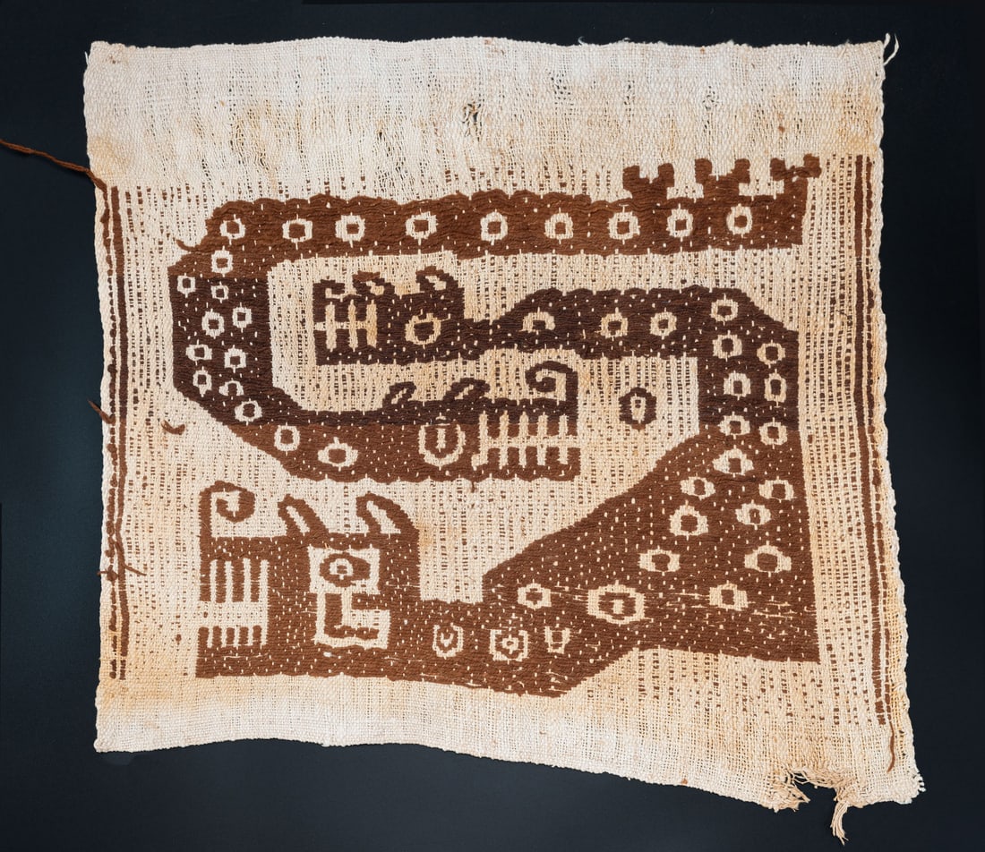 A Panel with Mythical and Realistic Themes, North Coast, Middle Horizon, 800-1100 CE: A Panel with Mythical and Realistic Themes, North Coast, Middle Horizon, 800-1100 CE Local Style Camelid fiber plain weave with supplementary wefts. 55 x 50 cm For more details on this lo