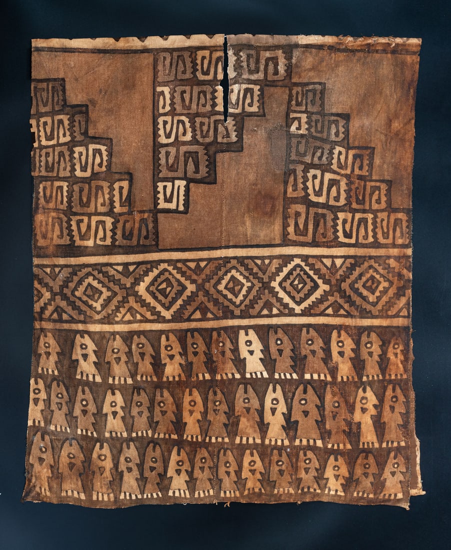 A Painted Unku with Fish and Stepped Diamond Band, Central Coast, Peru, Late Horizon, 1450-1530 CE: A Painted Unku with Fish and Stepped Diamond Band, Central Coast, Peru, Late Horizon, 1450-1530 CE Ychma - Pachacamac Painted cotton plain weave and warp face. 79 x 68 cm For more
