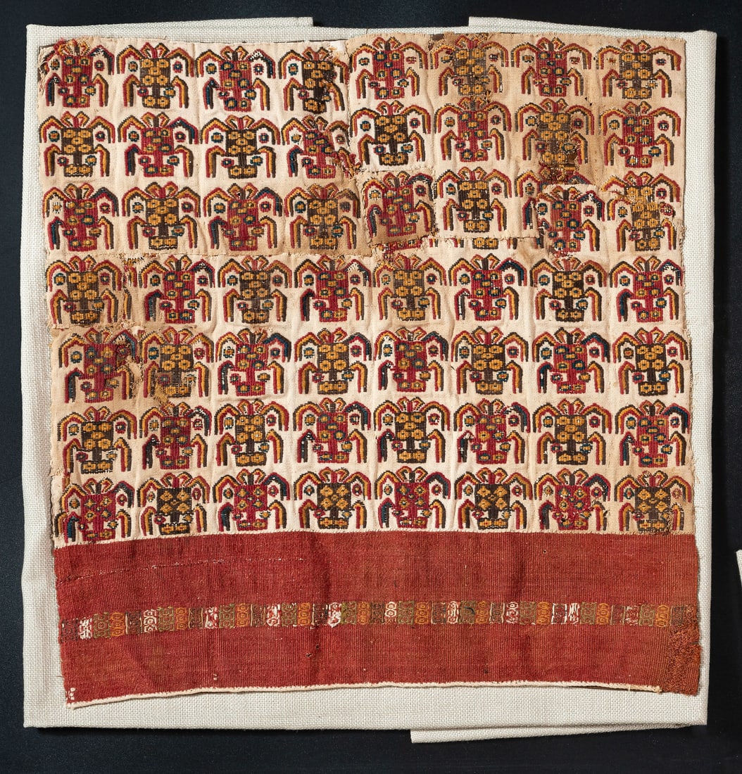 Part of a Panel Decorated with Spider Figures, South Coast, Peru, Late Horizon, 1000-1530 CE: Part of a Panel Decorated with Spider Figures, South Coast, Peru, Late Horizon, 1000-1530 CE Possibly local style Cotton and multicolored camelid fiber in plain weave wrap face with supplementary weft