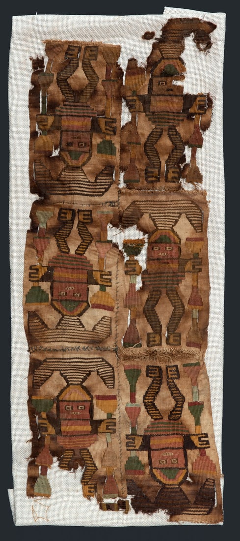 Six Joined Fragments with Frontal Figures, North Coast, Peru, Late Intermediate Period, 900-1450 CE: Six Joined Fragments with Frontal Figures, North Coast, Peru, Late Intermediate Period, 900-1450 CE Lambayeque or Sican Multicolored cotton slit tapestry. 60 x 22 cm For more details on t
