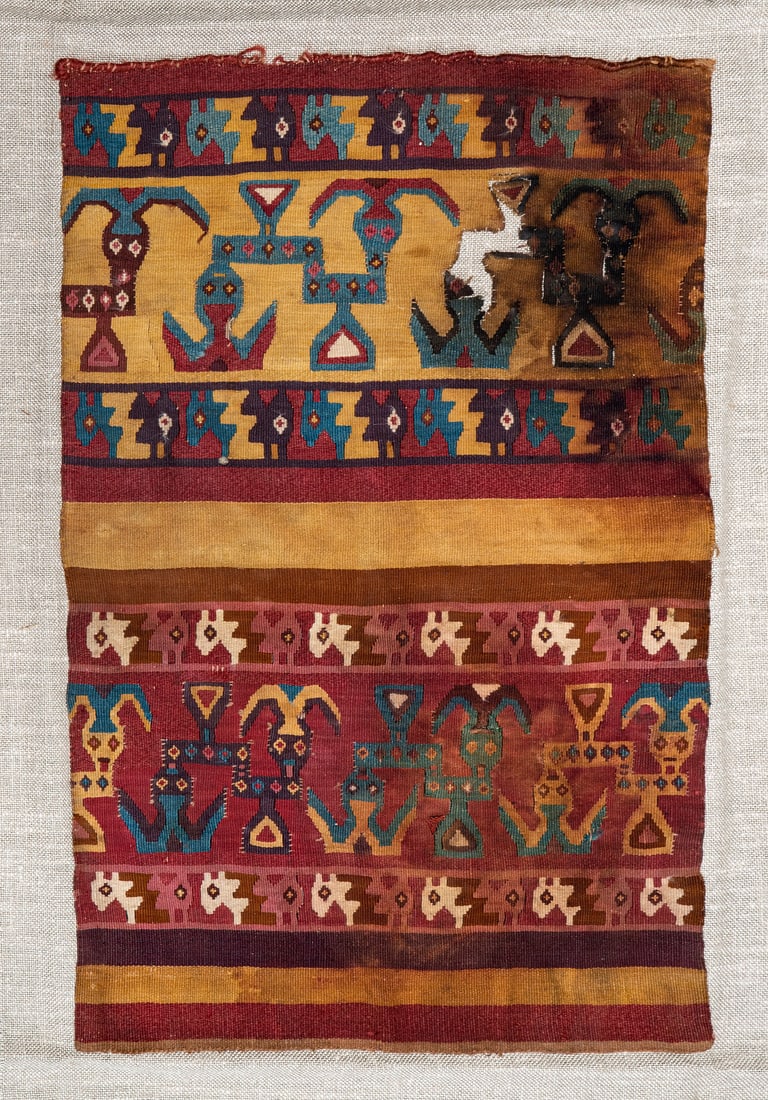 Multicolored Panel Decorated with Complex Creatures, North Coast, Peru, Late Intermediate Period,: Multicolored Panel Decorated with Complex Creatures, North Coast, Peru, Late Intermediate Period, 800-1100 CE Early Chimu Multicolored cotton slit tapestry, slit sewed. 48 x 30 cm For mor