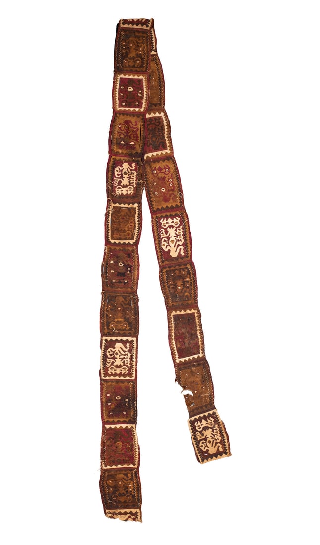 A Long Band with Ambiguous Zoomorphic Figures, North Coast, Peru, Late Intermediate Period, 800-1100: A Long Band with Ambiguous Zoomorphic Figures, North Coast, Peru, Late Intermediate Period, 800-1100 CE Early Chimu Multicolored cotton and camelid fiber slit tapestry (long slits sewed). 6 x 171 cm