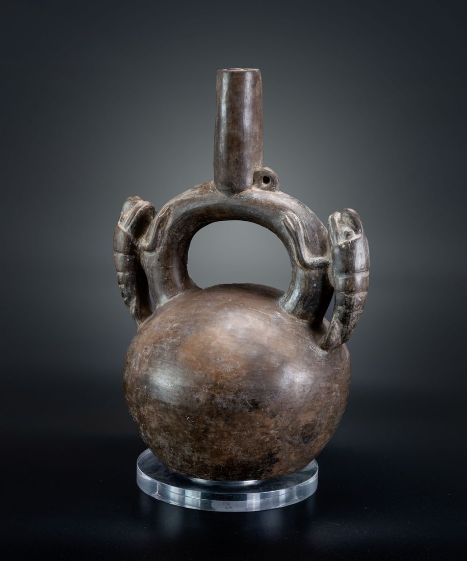 A Stirrup-Spout Bottle Modeled Depictions of Two Shrimps on the Handle, Chimu, Peru, 900-1534 CE (1 of 5)