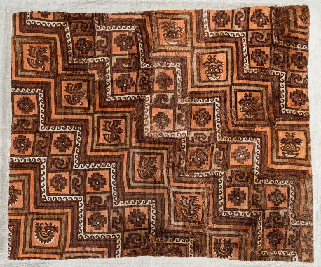 A Painted Textile with Step Patterns and Figures in Diagonal Alignment, Central Coast, Peru, Late: A Painted Textile with Step Patterns and Figures in Diagonal Alignment, Central Coast, Peru, Late Intermediate Period, 1110-1470 CE Local Style, Possibly Chancay Painted cotton plain weave wrap face.