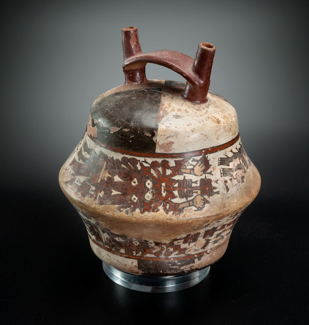 A Double Spout-and-Bridge Vessel with Painted Mythological Deity Effigy, Late Nasca, Peru, 300-600 (1 of 6)